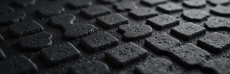 Black rubber flooring texture, puzzle like squares arranged in rows, providing grip and padding. Ideal for gyms, playgrounds, and industrial settings for safety and durability.