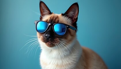 Siamese cat wears cool blue mirrored sunglasses indoors. Pet poses confidently with bright eyes on plain background. Fluffy feline looks fashionable wearing eyewear.
