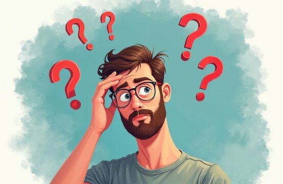Man with beard and glasses scratches head surrounded by red question marks. He looks confused by many uncertainties. Decision making process is difficult. Brainstorming problem solving.