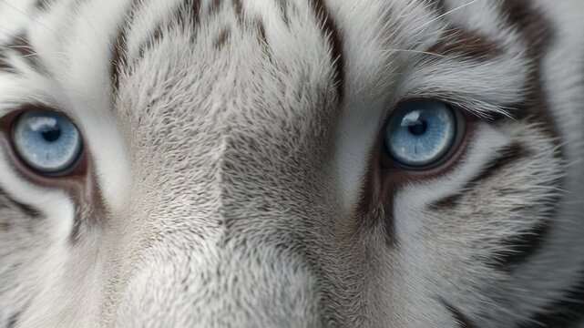 Close-up view of a majestic white tiger with piercing blue eyes.