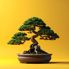 A meticulously crafted bonsai tree with gnarled trunk in a ceramic pot, set against a vibrant yellow background