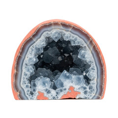 Close-up view of a halved geode revealing a cluster of sparkling blue crystals within a rough, orange exterior