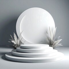 A minimalist white tiered platform with a circle backdrop, flanked by feathery plumes in a soft gray setting