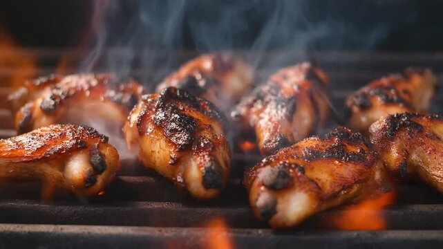 Grilled BBQ Chicken Wings on Hot Grill with Flames and Smoke