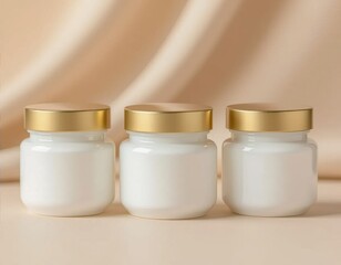 Three glass jars with golden lids filled with white cream, placed on a soft beige background. Ideal for skincare or cosmetic product displays.