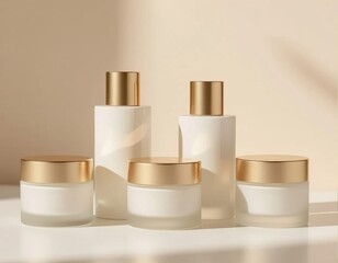 Five elegant skincare containers with gold lids arranged on a light surface. The background is a soft beige, creating a minimalist aesthetic.