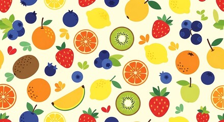 Vibrant Seamless Pattern of Fresh Fruits and Berries on a Light Background.