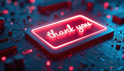 Glowing neon thank you message appears on circuit board. Digital art shows gratitude on tech background with red and blue lights. Modern thank you concept.