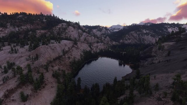 Side aerial view at dusk of the snow in Yosemite National Park in California. United States