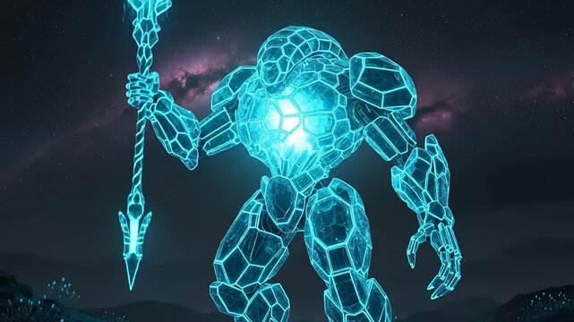 Futuristic Neon Warrior Holding Glowing Staff in Sci Fi Landscape.