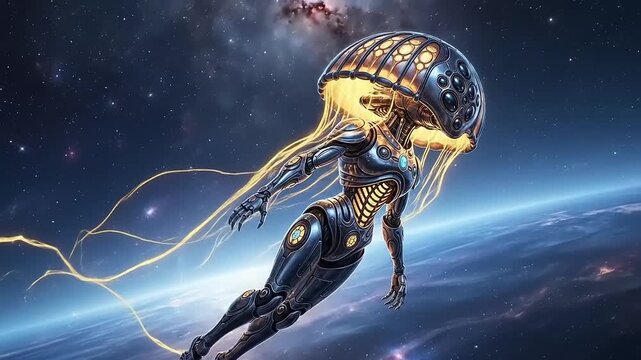 Futuristic Jellyfish Robot Soaring Through Cosmic Expanse with Glowing Tendrils.