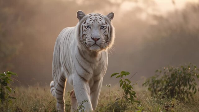 Majestic white tiger walking through grass in natural habitat during sunset.