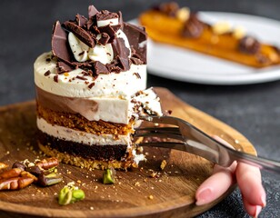 A fork pierces a multi-layered chocolate and cream dessert atop a wooden board with nuts, alongside an ?clair