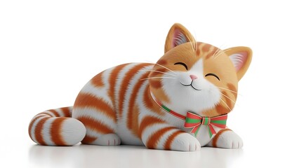 A charming 3D illustration of a happy, plump orange and white striped cartoon cat wearing a festive bow tie, lying down with its eyes closed in contentment.