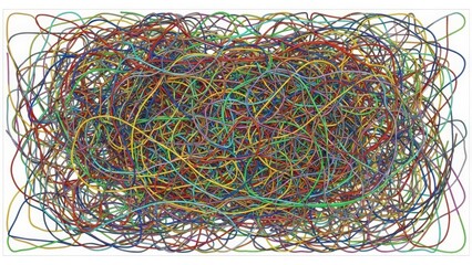 Intricate Abstract Web of Colorful Tangled Lines on White Background.