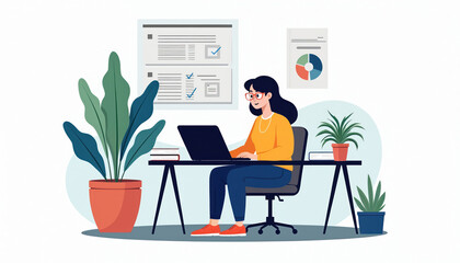 Woman works on laptop at desk with plants. She studies online or takes an exam in a modern home office. Checks tasks on screen and wall charts. Distant learning concept.