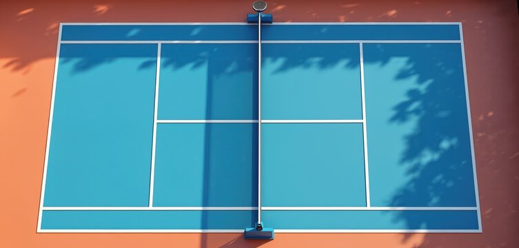 Top down view of bright blue padel court with white lines. Court has net in middle and orange surroundings. Shadows from trees cast dappled patterns on playing surface during daylight hours.