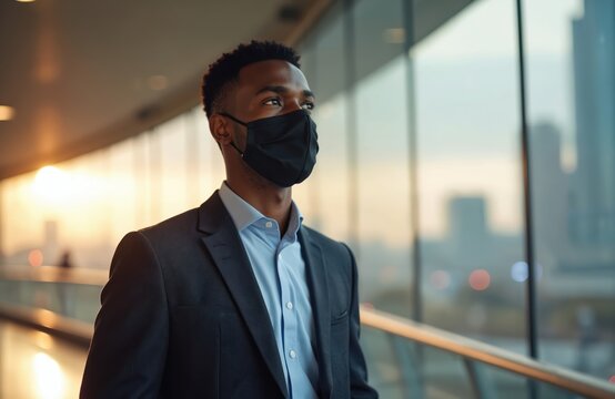 Young african businessman wears black face mask in modern office building with city view. He waits during sunset, dressed in suit and shirt, contemplating future.