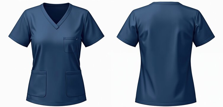 Navy blue nurse uniform top mockup, short sleeve v-neck medical garment with front pockets and chest pocket. Clean healthcare apparel isolated on white background.