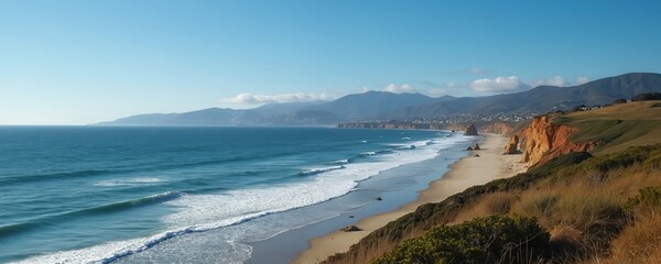 Wide view of pacific ocean waves crashing on sandy beach cliffs. Green hills meet blue sky over coastline town. Sunny day landscape with natural beauty.