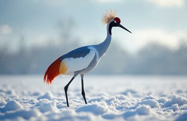 Red crowned crane walks in snowy landscape. Elegant bird with feathered head adornment stands still in winter terrain. White feathers contrast bright tail feathers.