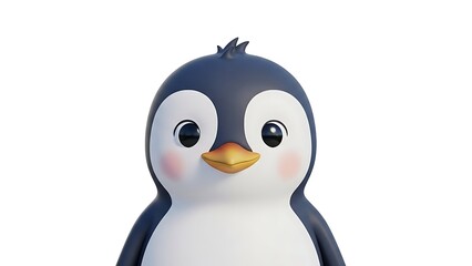 Obraz premium Adorable 3D rendered cartoon penguin with rosy cheeks and orange beak on a white background.