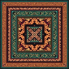 Obraz premium Geometric Ethiopian textile art features intricate patterns, warm colors. Cultural heritage design displays detailed symmetrical forms. Traditional African inspired illustration shows rich ancestral