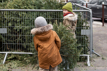 A brother and sister throw away Christmas trees behind the fence