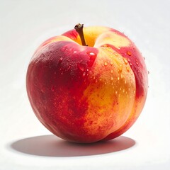 A fresh nectarine glistens with droplets, showcasing red and yellow hues against a bright, clean white surface