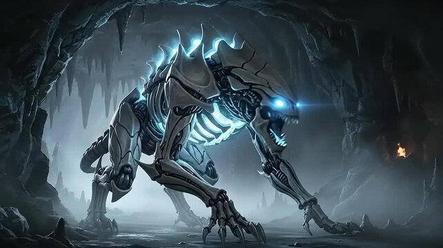 Futuristic Robotic Creature with Glowing Blue Eyes and Ribcage in a Dark Cave.