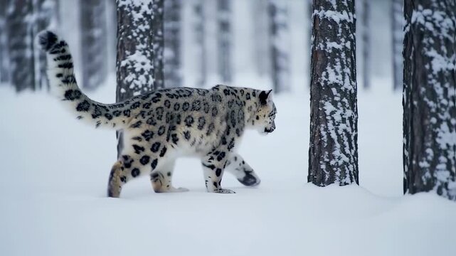 A snow leopard traverses a snowy forest, its patterned fur visible against the white