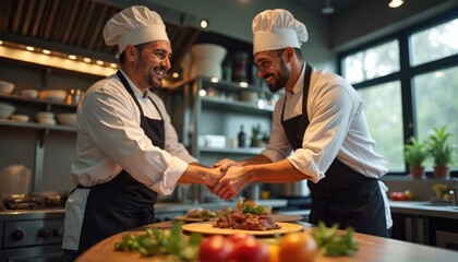 Two smiling chefs in uniforms shake hands across wooden table in restaurant kitchen. Food preparation visible on plates, with herbs, produce in foreground. Seem to agree on business deal,