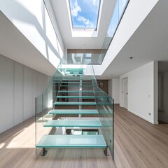 A modern home interior with glass staircase, hardwood floors, and a skylight showcasing a blue sky with clouds