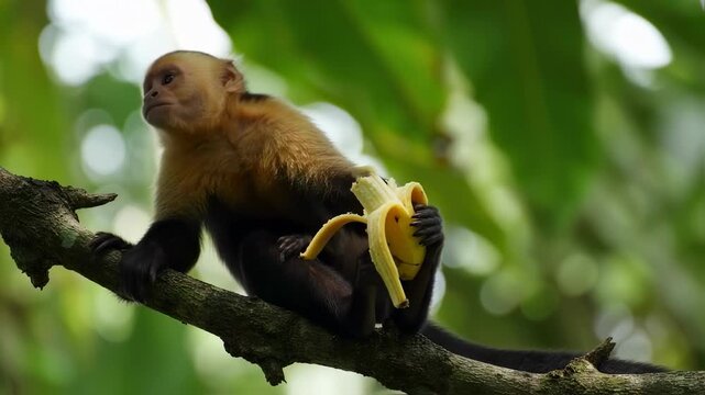 A monkey perched on a branch peels and enjoys a banana, amidst lush green foliage
