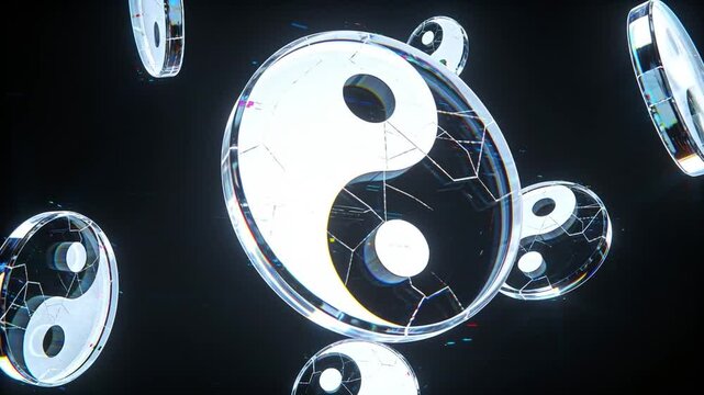 Abstract floating, glass-like yin yang symbols in various sizes against rotate in a dark void, with glitchy distortions, chromatic aberrations, and iridescent reflections evoking balance and duality