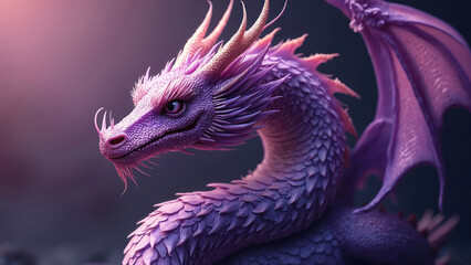 Purple dragon with textured scales and large wings looks left. Fantasy creature has spiky horns and intense eyes against a dark abstract background. It is a mythical beast.