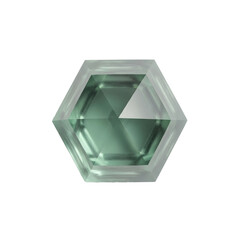 A realistic hexagonal gemstone with a clean, cut facet, casting subtle light and shadow