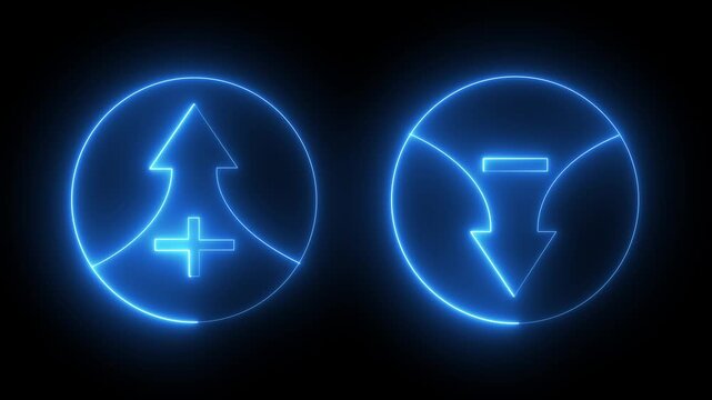 Blue Neon Plus and Minus Arrow Icons, Market Growth and Decline, Finance and Investment Concept.