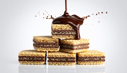 Stacked wafers with chocolate pouring over them, creating a splash