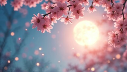 Soft pink cherry blossoms frame a luminous full moon on a magical spring night. Delicate flower petals drift creating a dreamy atmosphere. Gentle bokeh lights sparkle against the twilight sky.