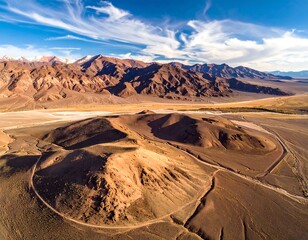 Vast landscape with mountains, desert plains, and a blue, cloudy sky