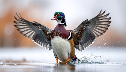 A brightly colored waterfowl, wings spread, emerging from water with splashes
