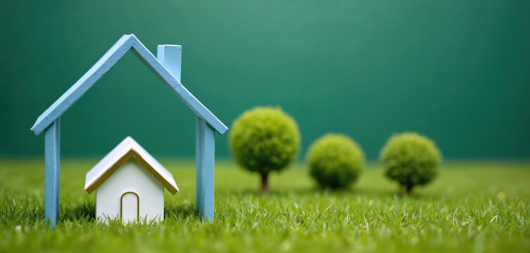 Small toy house under larger blue house frame on green grass with toy trees. Conceptual image for home ownership safety, insurance, and new property.