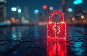 Broken red padlock glows in front of city lights. Digital security breach symbol signifies data loss. Cyber attack concept shows network vulnerability. Future tech threat looms over urban landscape.