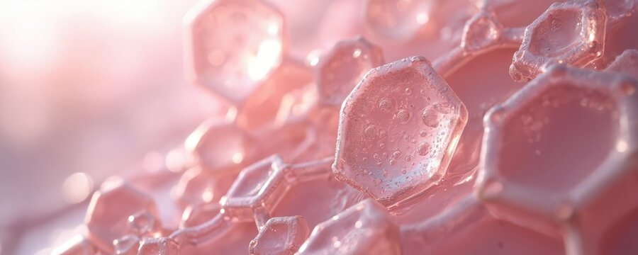 Close up of hexagonal molecules in pink tones. This depicts skin barrier repair and cellular regeneration for skincare science. Healthy tissue structure rebuilding.