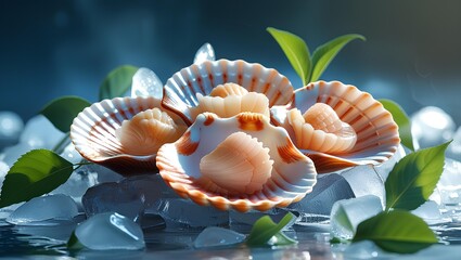 Elegant Seafood Appetizer Platter: Fresh Scallops on Ice with Citrus Garnish and Microgreens