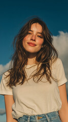 Fototapeta premium Smiling woman in casual outfit under blue sky with sunlight 