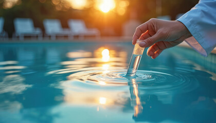 Person in lab coat tests pool water with sample vial at sunset. Checking water balance for safe swimming. Scientifically analyzing blue water for clarity and safety.