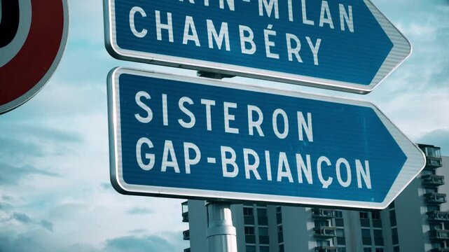 Road direction signs to Turin, Milan, Chambery, Sisteron, Gap, Briancon on A480 in France