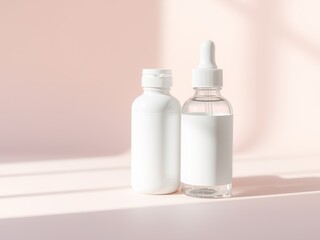 Two white bottles on a light pink background